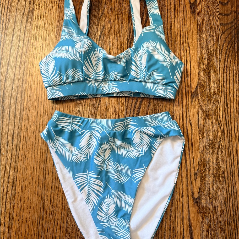 Blue Leaf Print Bikini Set